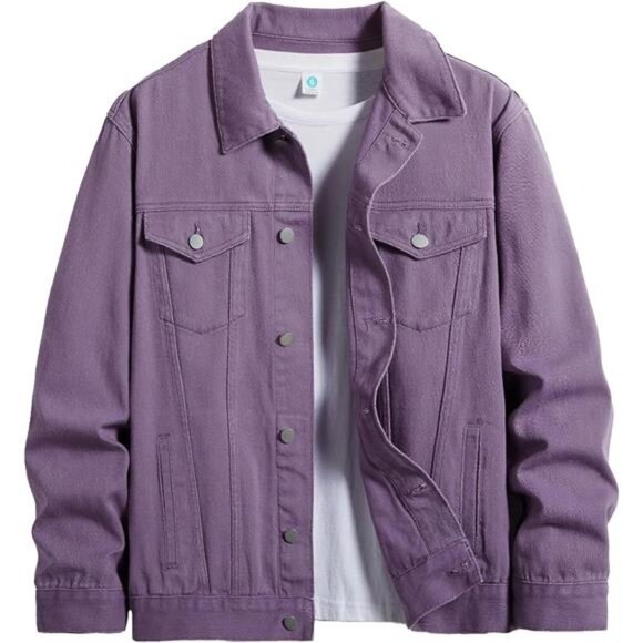Men's Denim Jacket with Multiple Pockets Purple - Picture 1 of 6